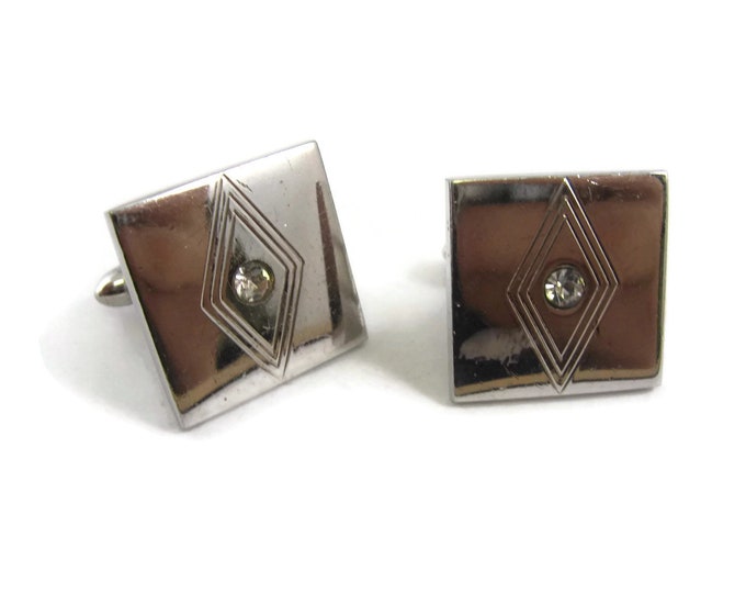 Vintage Cufflinks for Men: Clear Jewel Silver Tone Square
