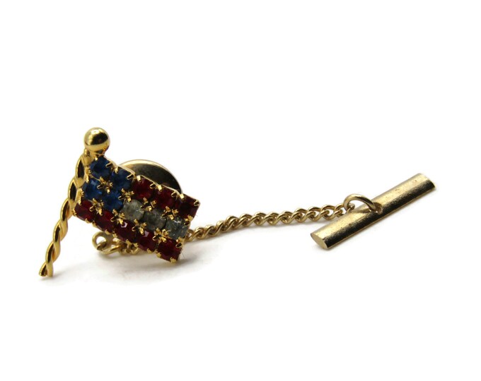 American Flag Rhinestone Inlay Tie Pin And Chain Men's Jewelry Gold Tone