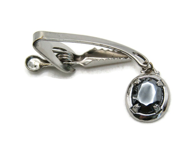 Black Shiny Stone Charm Curved Tie Clip Tie Bar Men's Jewelry Silver Tone