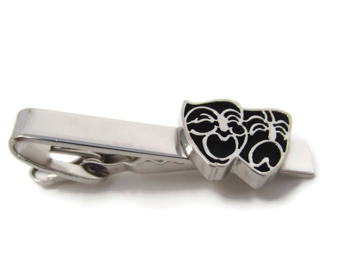 Comedy Tragedy Masks Tie Clip Vintage Tie Bar: Actor's Gift Silver Tone