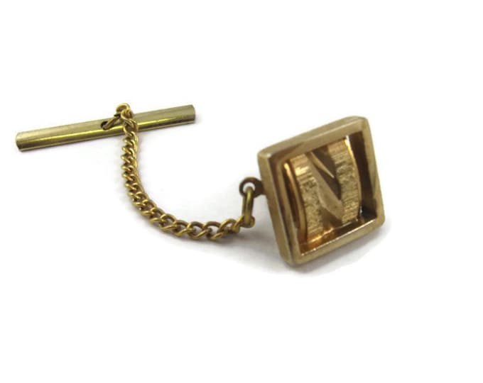 Vintage Tie Tack Tie Pin: Grooved Gold Tone Square Frame Design