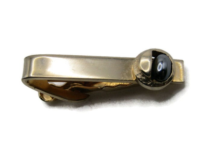 Black Shiny Stone Half Circle Inlay Tie Clip Tie Bar Men's Jewelry Gold Tone