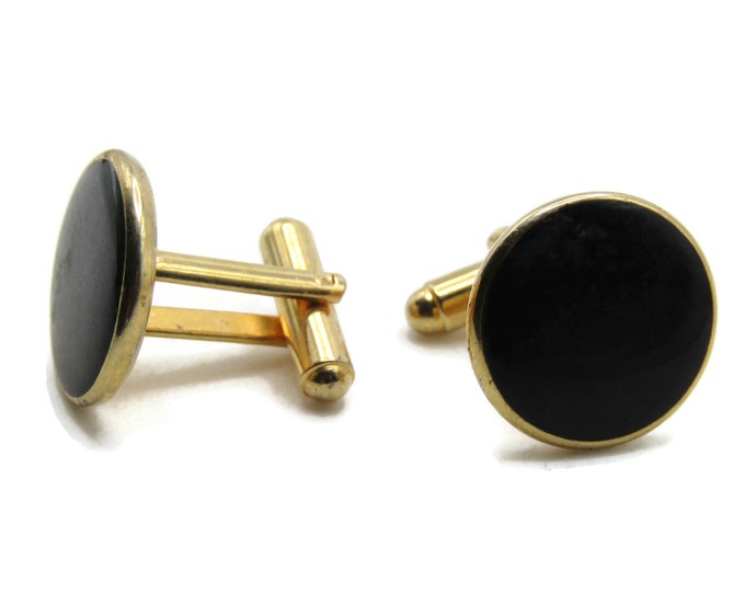 Round Black Stone Inlay Cuff Links Men's Jewelry Gold Tone