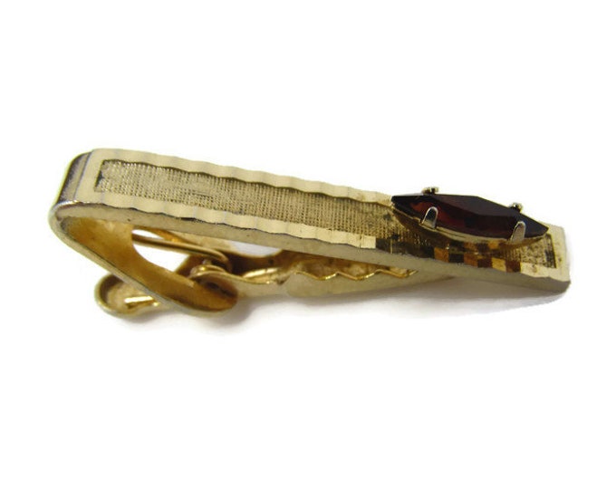 Amber Color Jewel Tie Clip Vintage Tie Bar: Textured Gold Tone