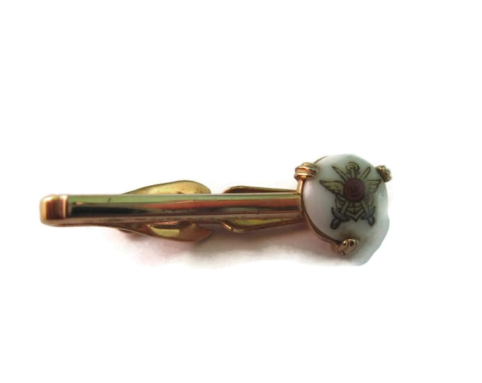 Vintage Men's Tie Bar Clip Jewelry: Old Shield Wing Swords Crest Design Painted on White Glass