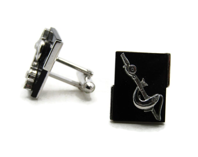 Fish & Fishing Rod Cuff Links Black Background Silver Tone Men's Jewelry