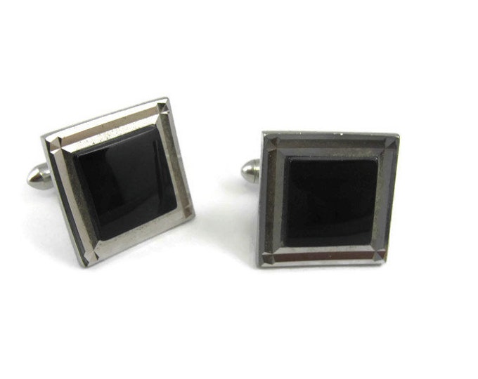 Vintage Cufflinks for Men: Nice Black Glass Square Beveled Edges Silver Tone