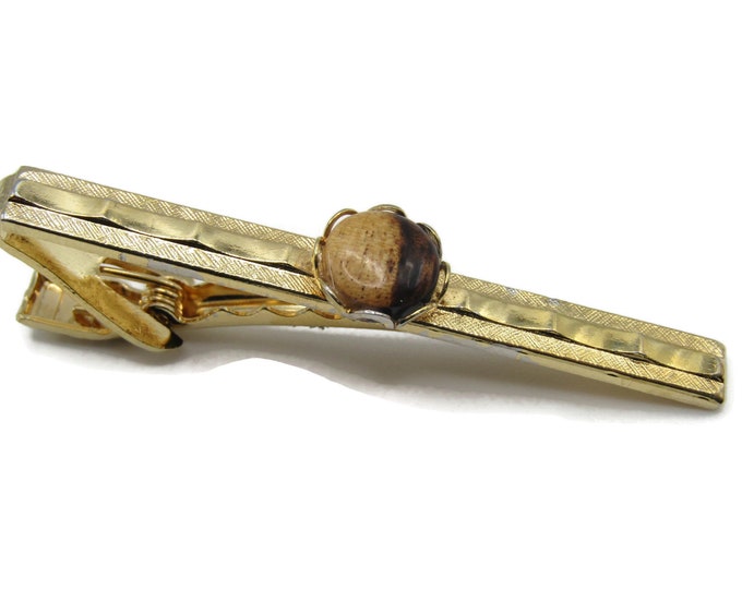Brown Stone Inlay Tie Clip Tie Bar Gold Tone Textured Geometric Men's Jewelry