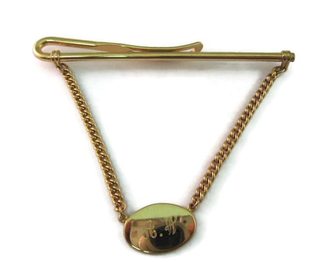 Vintage 1978 Men's Tie Bar Clip Jewelry: "AW" Initials 1/20 12K Gold Fill Chain Design RM Koffel Inc