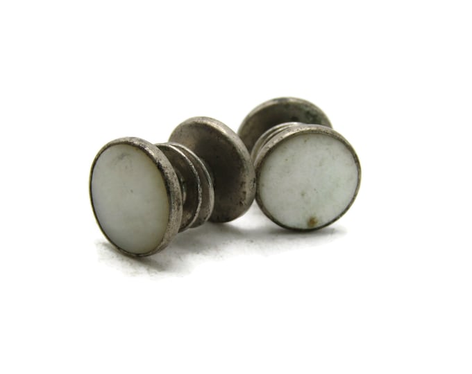 Mother Of Pearl Snap Back Style Cuff Links Silver Tone Men's Jewelry