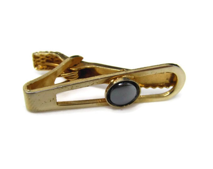 Vintage Tie Bar Tie Clip: Hematite Center Accent Open Middle Design Gold Tone