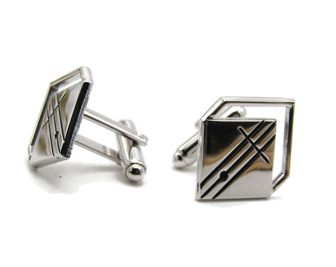 Crossed Lines Abstract Diamond Shape Cuff Links Men's Jewlery Silver Tone