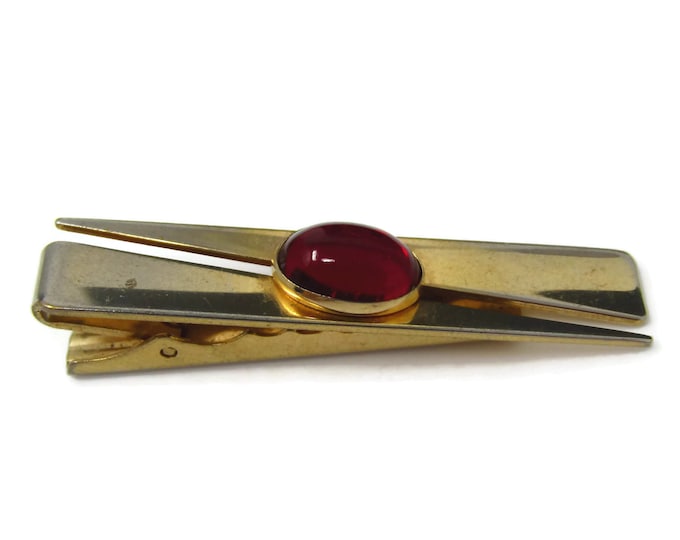 Vintage Tie Clip Tie Bar: Red Center Modernist Middle Open Stripe Design Gold Tone