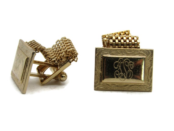 Etched Design Center Chain Cuff Links Gold Tone Men's Jewelry