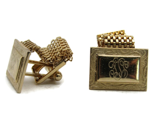 Etched Design Center Chain Cuff Links Gold Tone Men's Jewelry