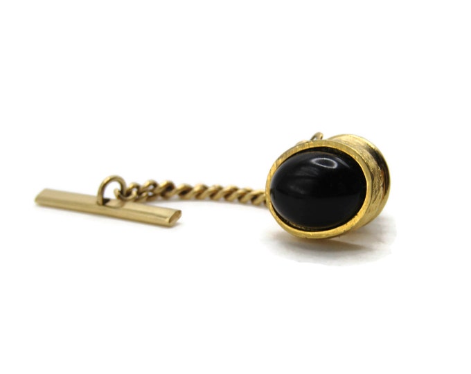 Oval Black Stone Inlay Tie Pin And Chain Men's Jewelry Gold Tone