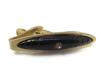 Vintage Gold Tone Tie Clip: Black & Clear Jewel Tie Bar
