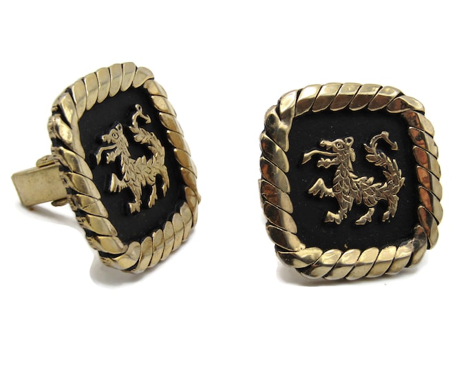 Vintage Cufflinks for Men: Dragon Black Background Chain Texture Gold Tone