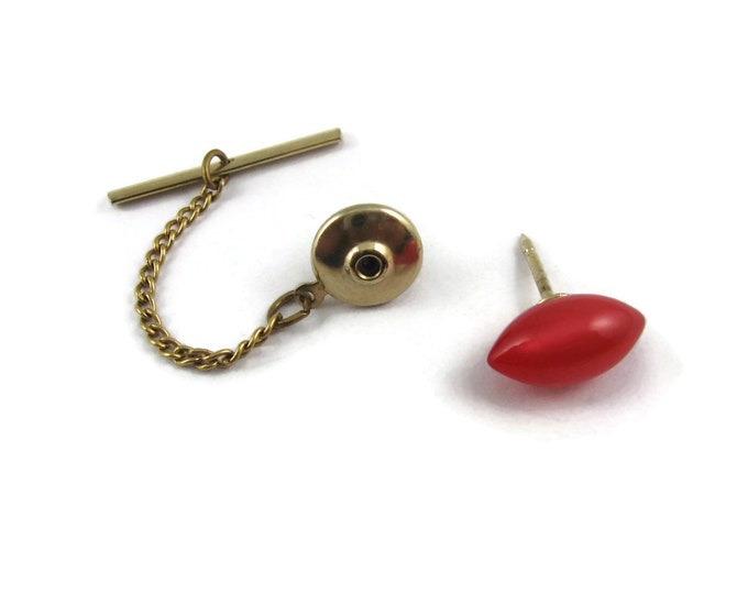 Vintage Men's Tie Tack Pin Jewelry: Great Design Football Shape Red Glass