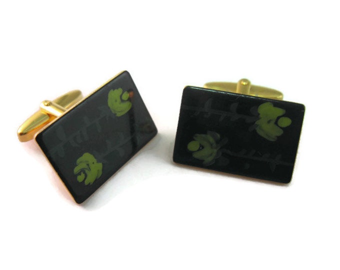 Vintage Cufflinks for Men: Wonderful Black Enamel Green Painted Roses Flower Design