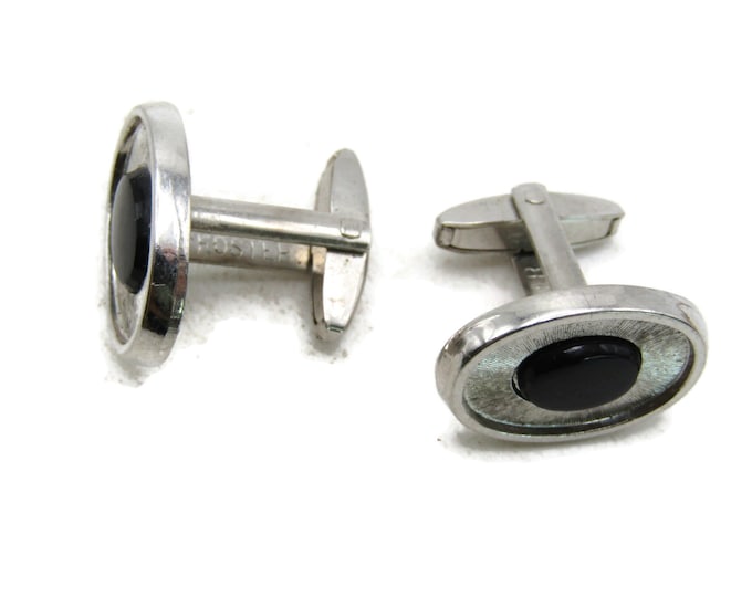 Black Stone Inlay Textured Oval Cuff Links Silver Tone Men's Jewelry