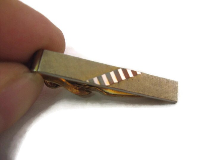 Vintage Men's Tie Bar Clip Jewelry: Lovely Textured Gold Tone Diagonal Stripe Design