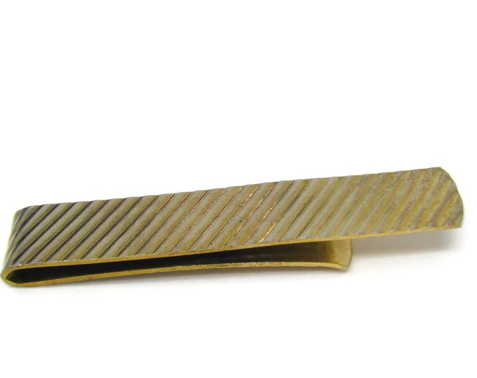 Cool Tie Bar Tie Clip Vintage Diagonal Ridge Gold Tone