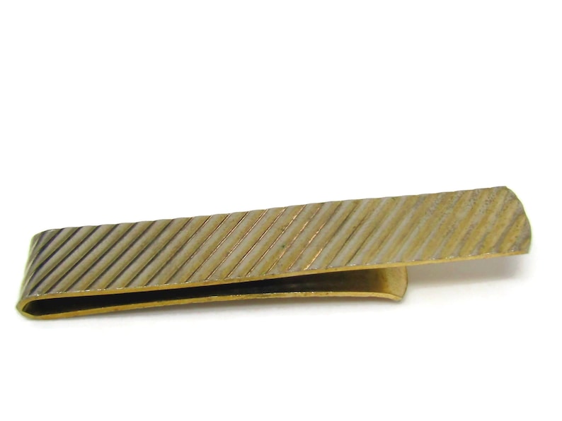 Cool Tie Bar Tie Clip Vintage Diagonal Ridge Gold Tone