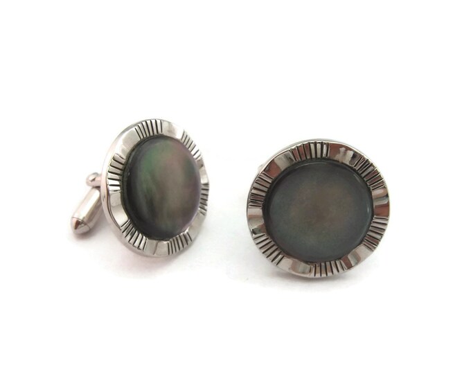 Vintage Cufflinks for Men: Dark Mother of Pearl w/ Nice Silver Tone Border