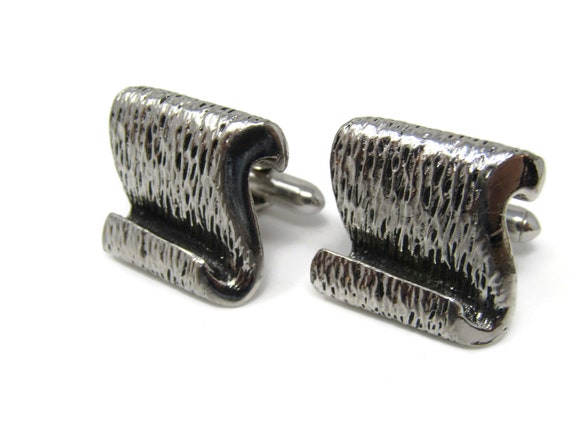 Vintage Silver Tone Cufflinks: Wood Texture Scrol… - image 3