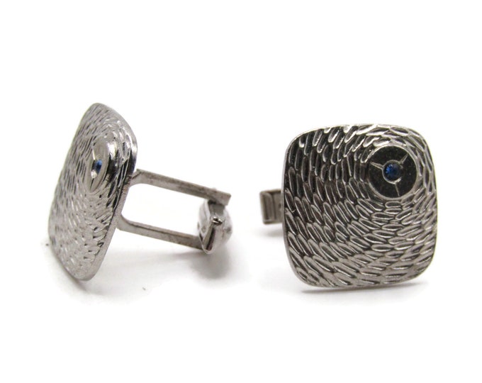 Blue Rhinestone And Textured Square Cuff Links Men's Jewelry Silver Tone
