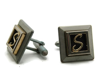 S Letter Initial Monogram Square Cuff Links Men's Jewelry Gold And Silver Tone