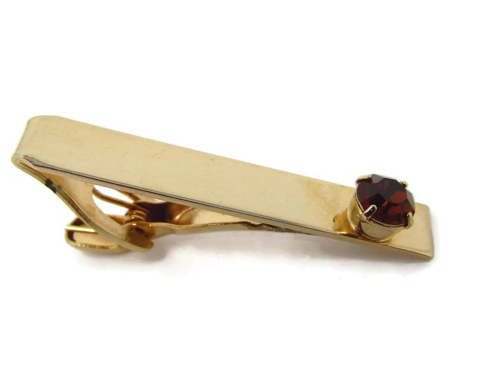 Vintage Tie Clip Tie Bar: Amber Color Jewel Excellent Smooth Design Gold Tone High Quality