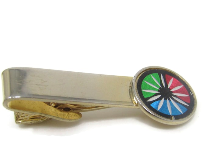 Colorful Flower Etch Design Tie Bar Clip Gold Tone Stand Out w/ Style Fit In with Class