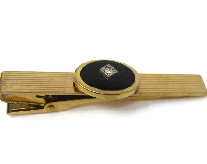 Cool Tie Clip Vintage Mens Tie Bar High Quality 12K TGF Black Center Clear Jewel  Stripes Gift for Dad Son Husband Brother