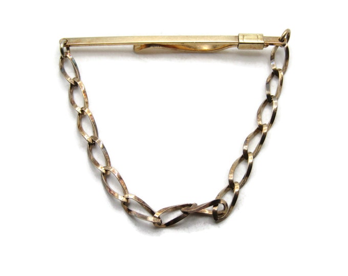 Classic Thin Tie Clip & Chain Modernist Tie Bar Men's Jewelry Gold Tone