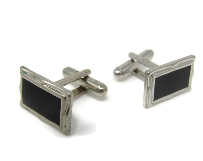 Black Center Rectangle Men's Cufflinks: Vintage Silver Tone - Stand Out from the Crowd with Class