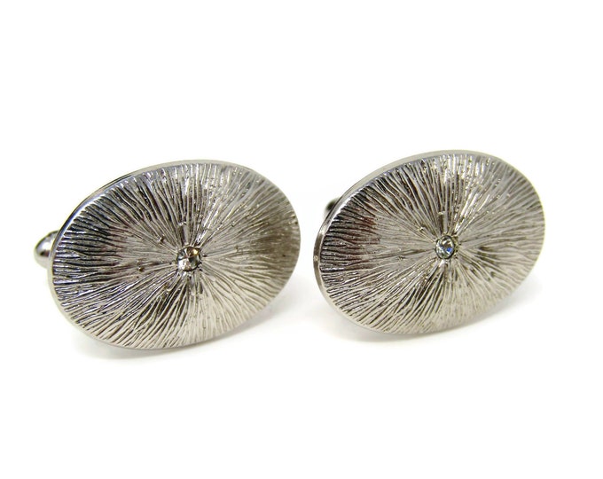 Vintage Cufflinks for Men: Textured Silver Tone Clear Jewel Center Oval Nice Design