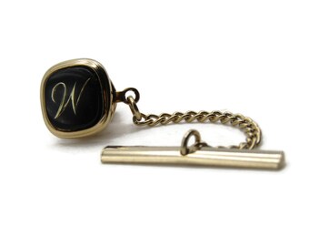 Square W Letter Initial Monogram Black Stone Inlay Tie Pin And Chain Men's Jewelry Gold Tone