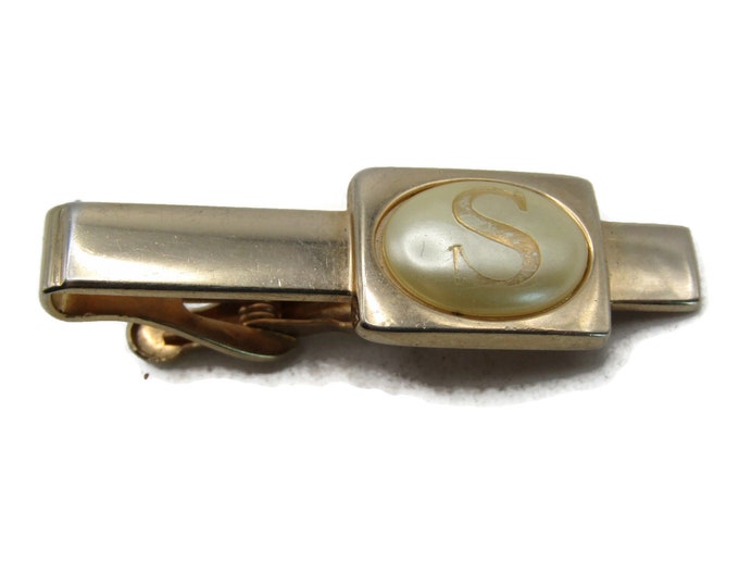 White Stone Inlay S Letter Initial Monogram Tie Clip Gold Tone Tie Bar Men's Jewelry