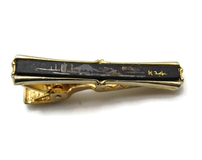 Black Stone Outdoor Scene Tie Clip Tie Bar Men's Jewelry Gold Tone
