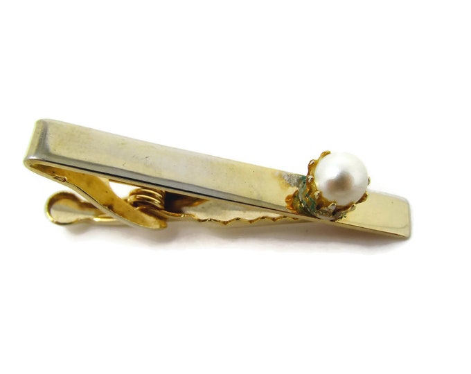 Vintage Tie Clip Tie Bar: Faux Pearl Gold Tone