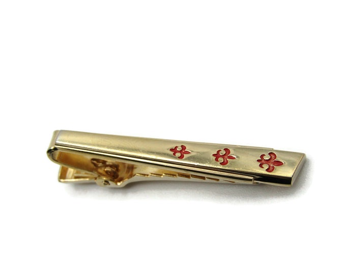 Red Etched Fleur Patters Smotth Finsih Gold Tone Modernist Tie Bar Tie Clip Men's Jewelry