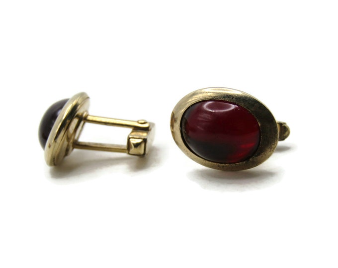 Oval Red Stone Inlay Cuff Links Men's Jewelry Gold Tone