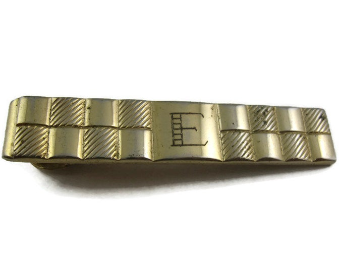 Vintage Tie Bar Clip: E Letter Initial Checkered Design