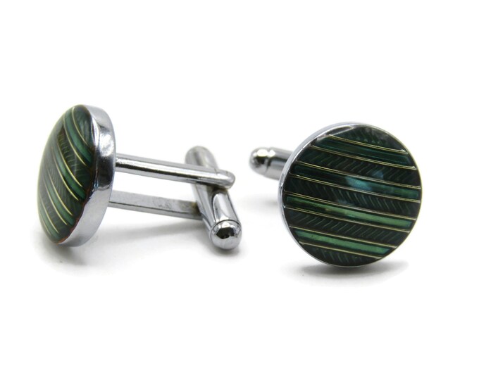 Green Stripe Cuff Links Men's Jewelry Silver Tone