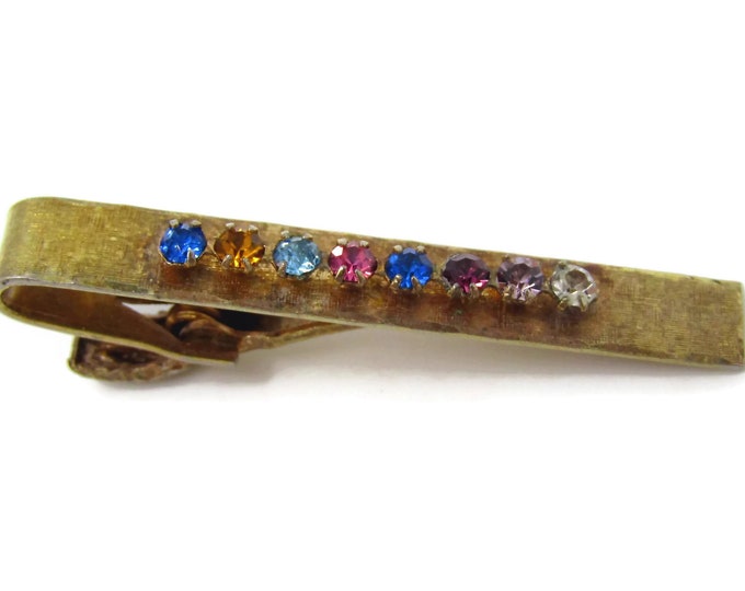 Vintage Tie Clip Tie Bar: Multicolor Colorful Jewels Textured Gold Tone Nice Quality