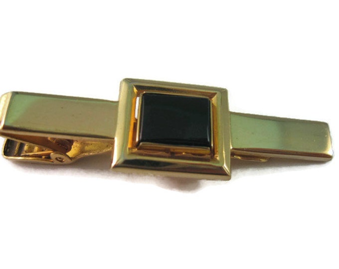 Vintage Men's Tie Bar Clip Jewelry: Nice Classic Black Square Gold Tone Design