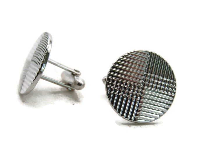 Geometric Etched Lines Circle Cuff Links Silver Tone Men's Jewelry