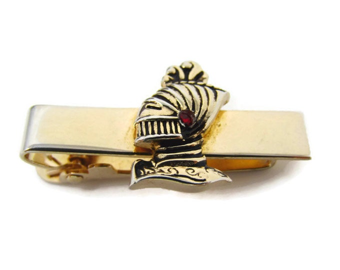 Knight Tie Clip Vintage Tie Bar: Red Jewel Accent High Quality Gold Tone